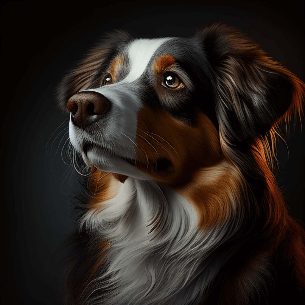 A close up of a dog on a black background.