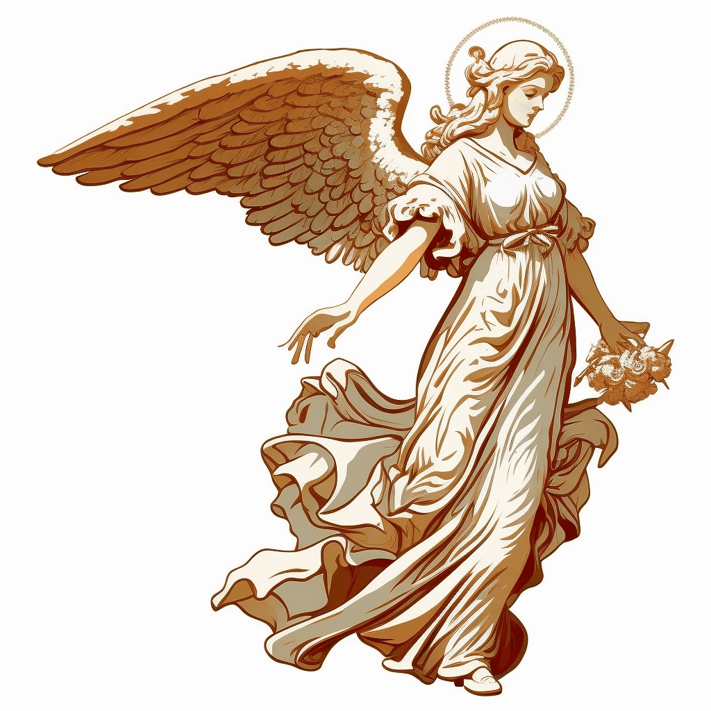 Drawing of an angel holding a bouquet of flowers.