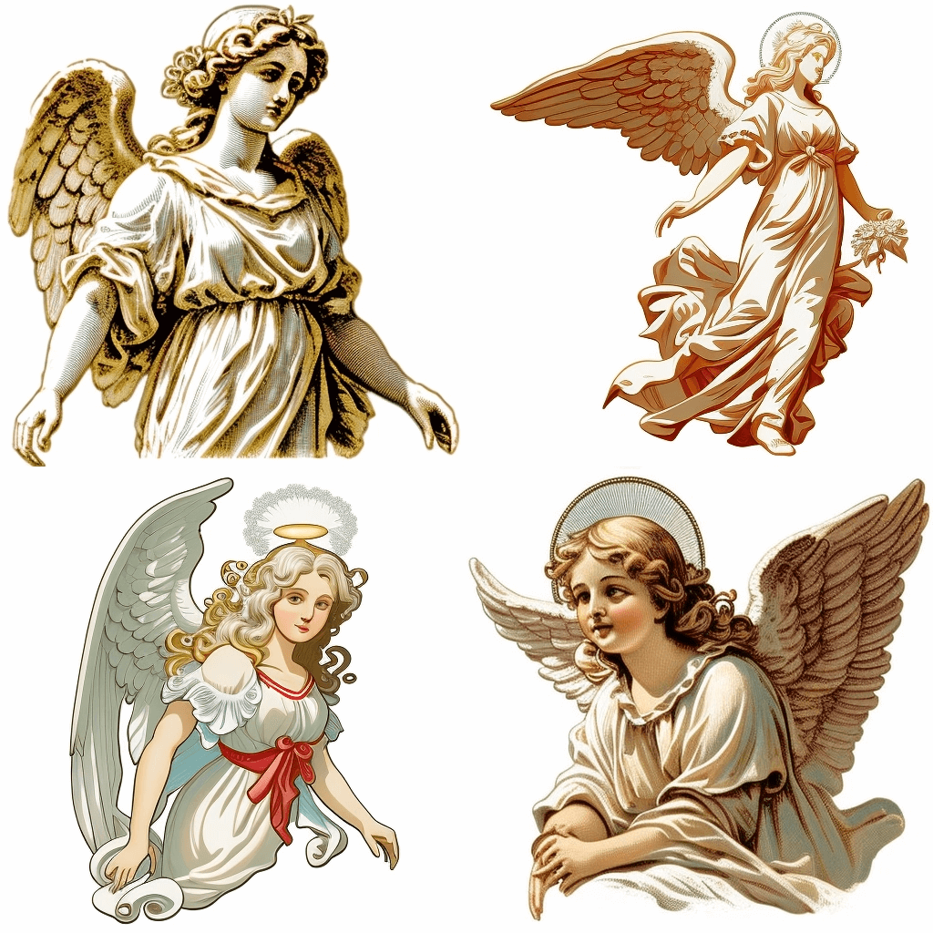 Four different angel images on a white background.