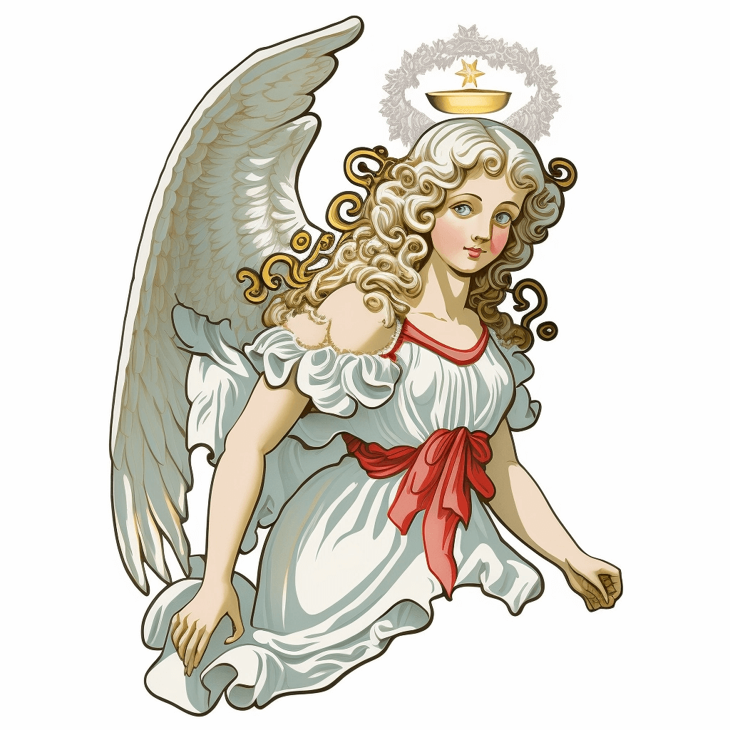 Drawing of an angel with a crown on her head.