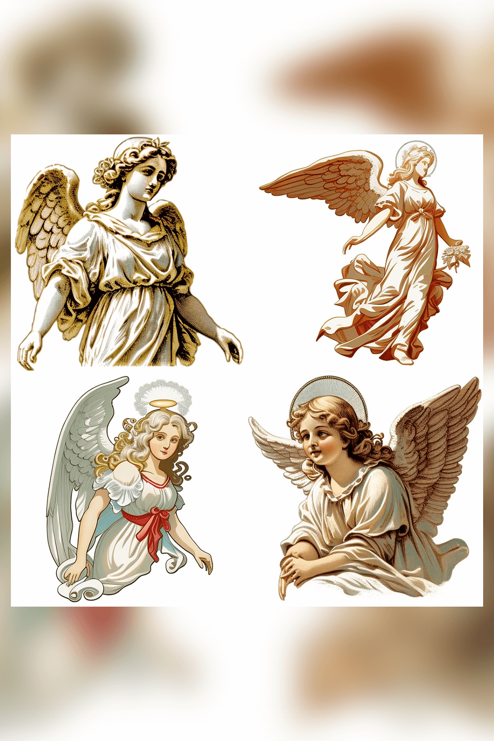 Set of four angel stickers on a white background.