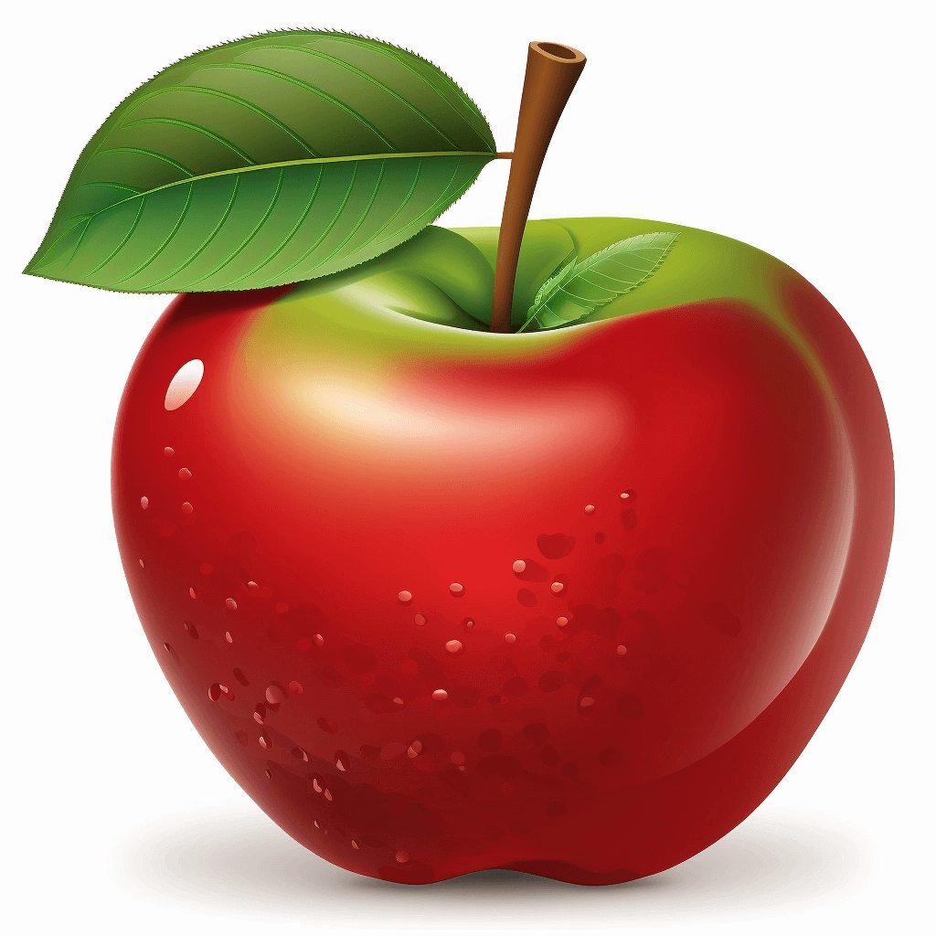 Red apple with a green leaf on top of it.