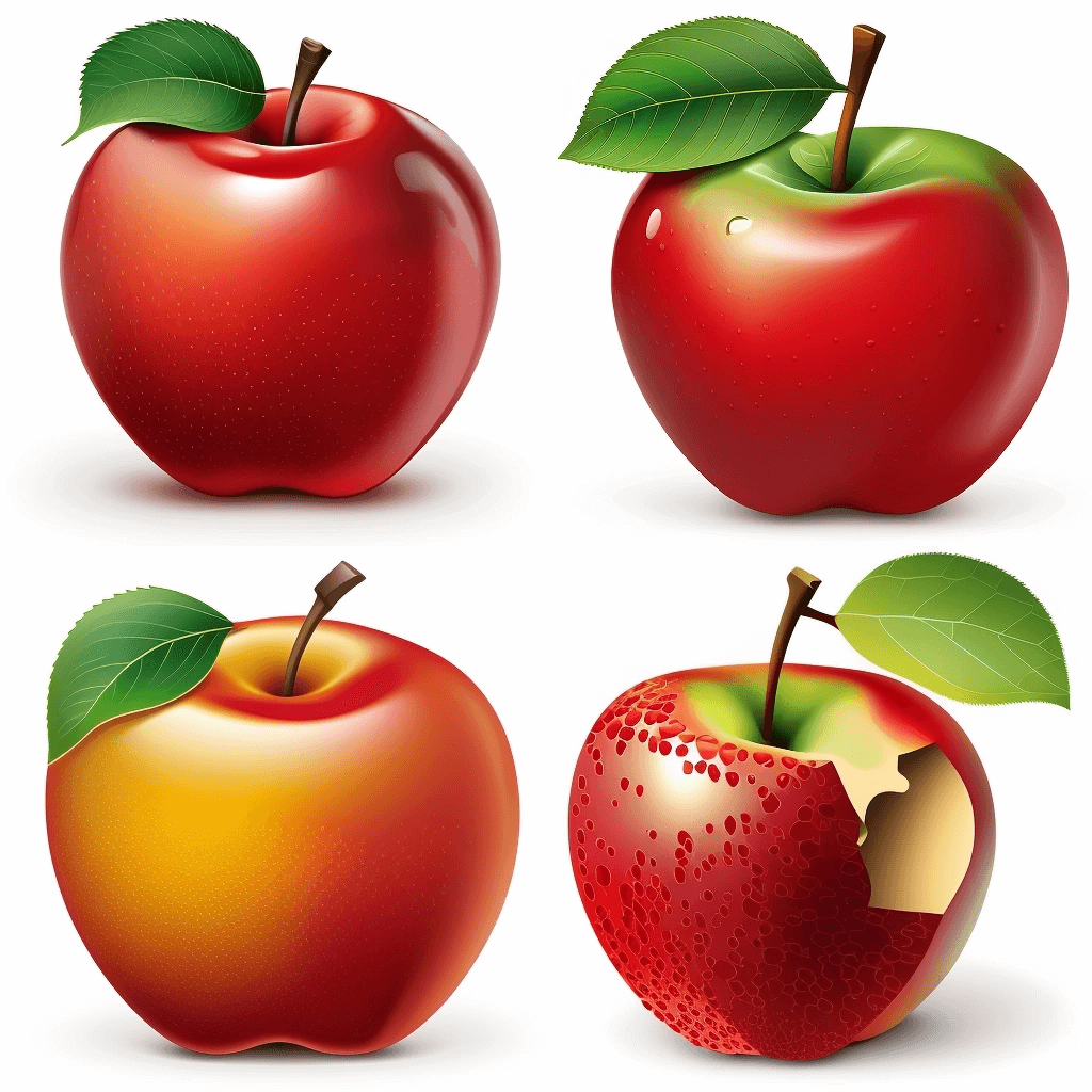 Set of three apples with green leaves.