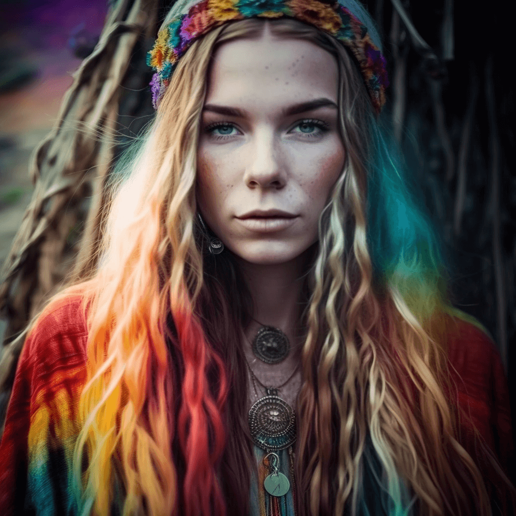 Woman with long hair wearing a colorful headdress.