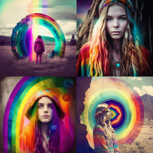 Woman with long hair and a rainbow hat.