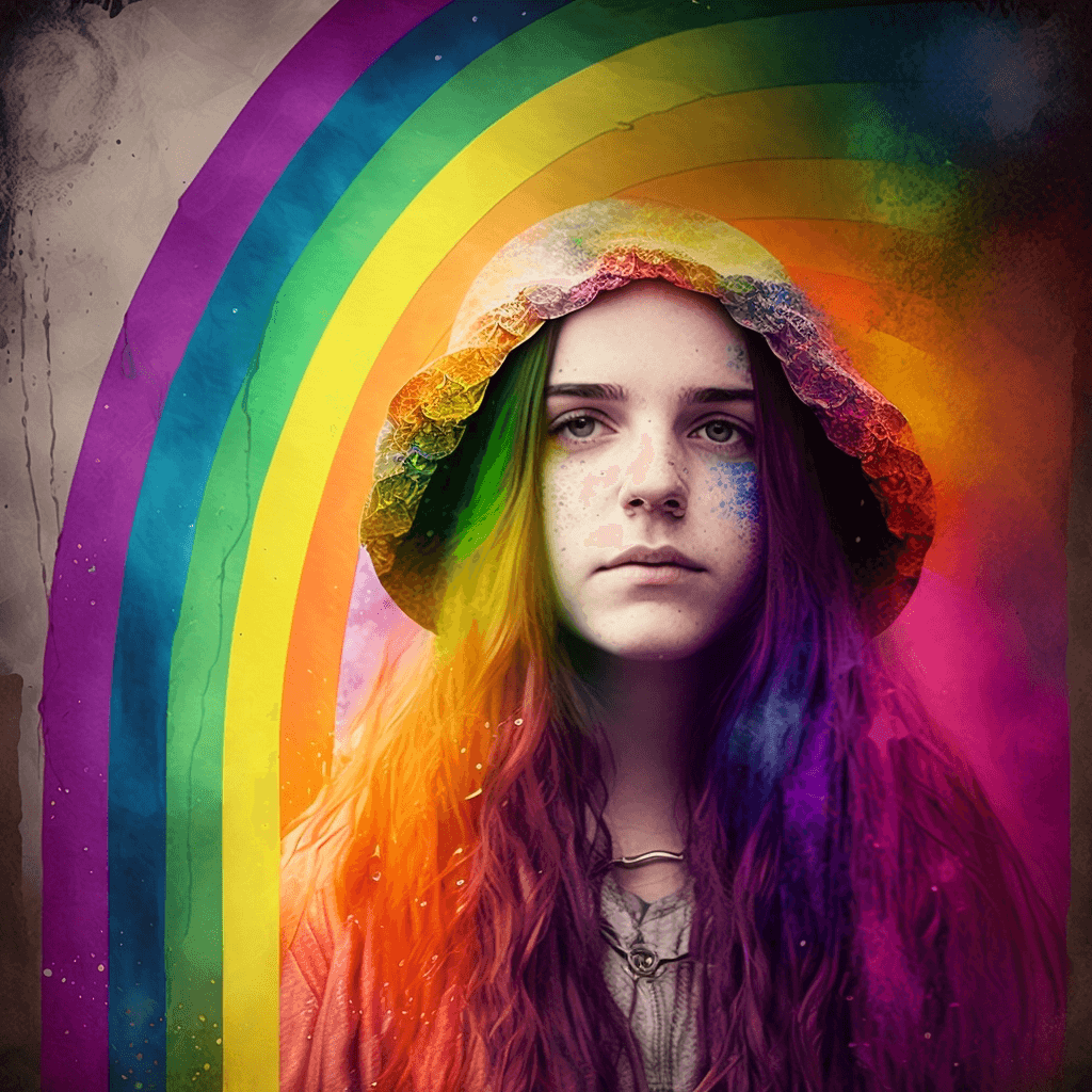 Woman with long hair wearing a rainbow hat.