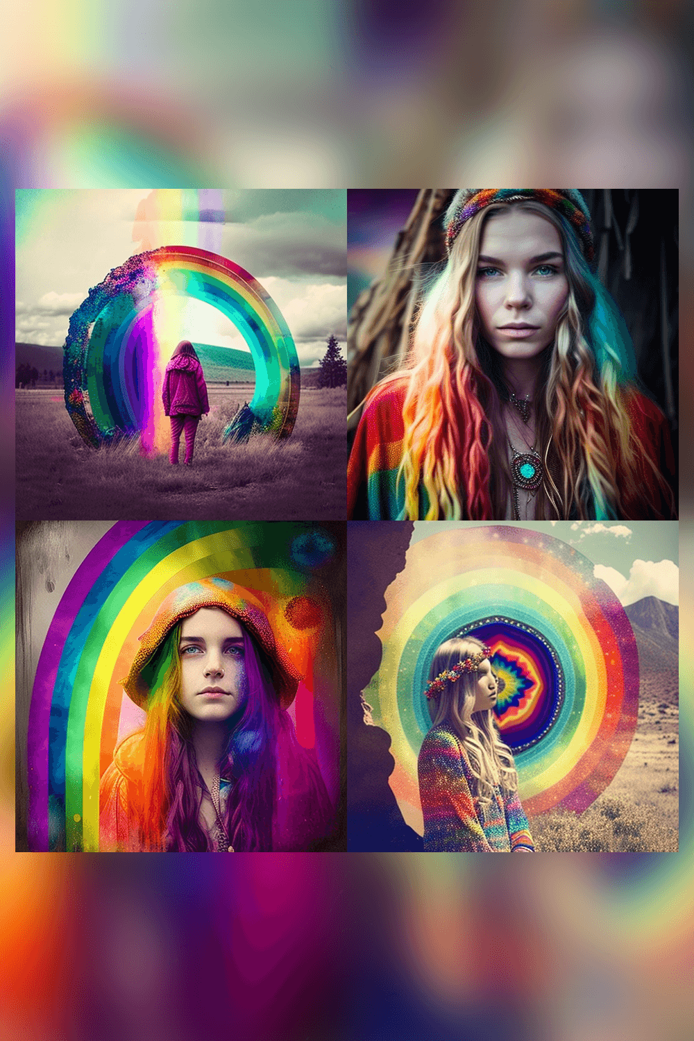 Woman with long hair and a rainbow hat.