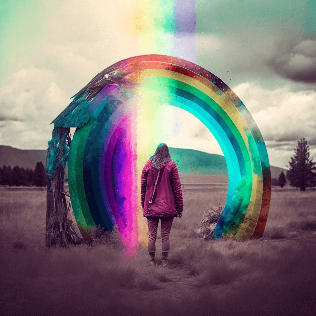 Woman standing in front of a rainbow arch.