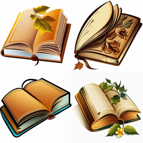 Set of four books with leaves on them.