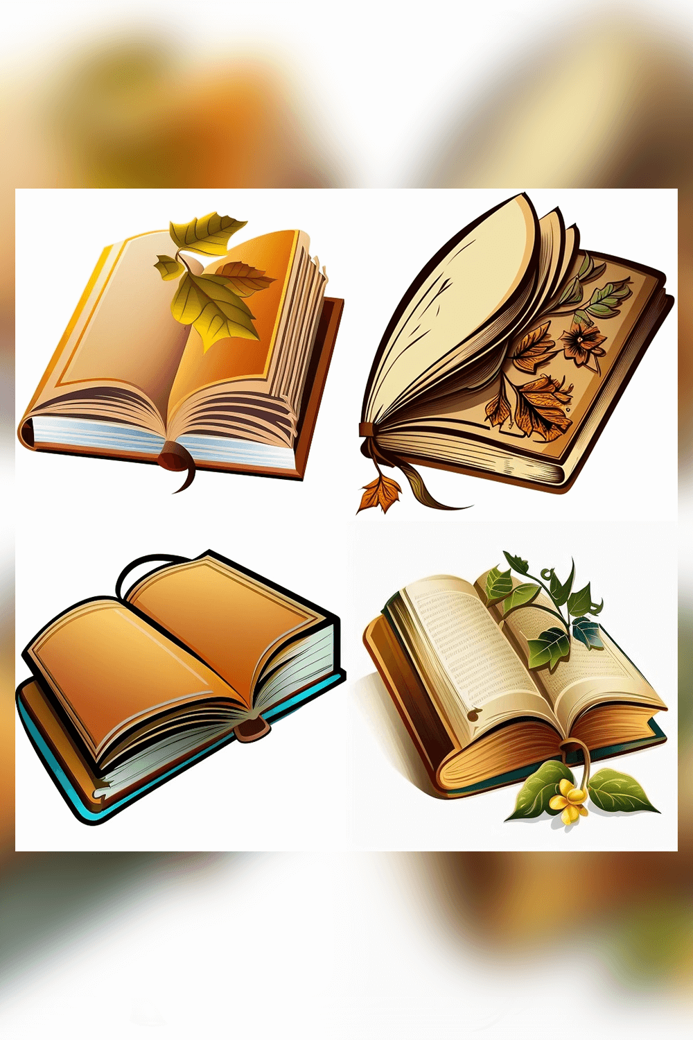 Set of four books with leaves on them.