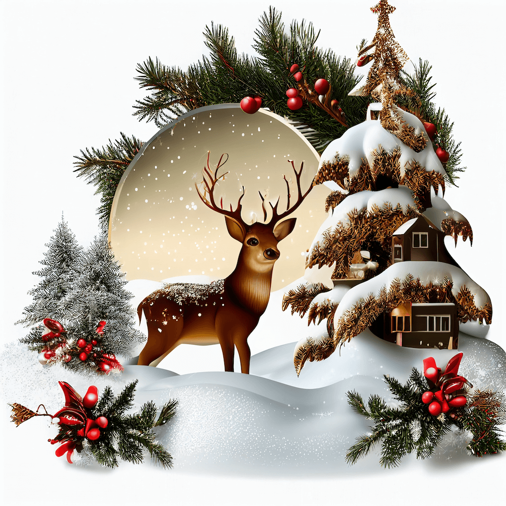 Christmas scene with a deer in the snow.