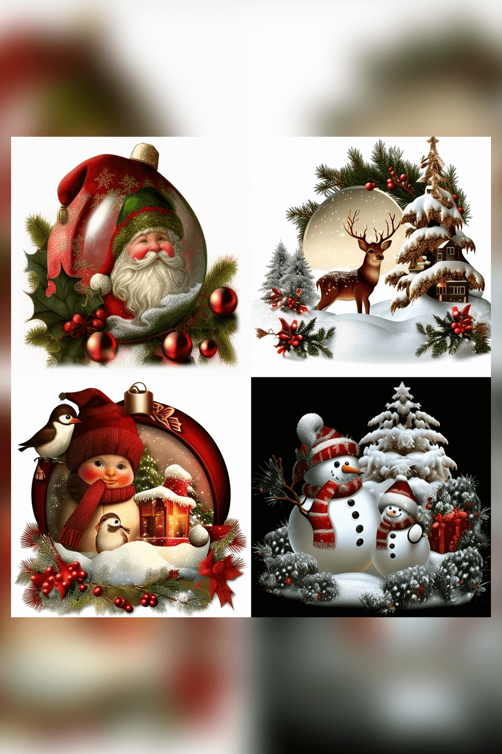 Set of four christmas images with santa claus and snowmen.