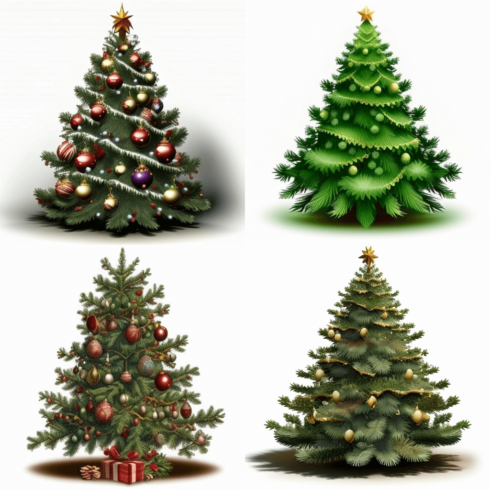 Four different types of christmas trees with presents.