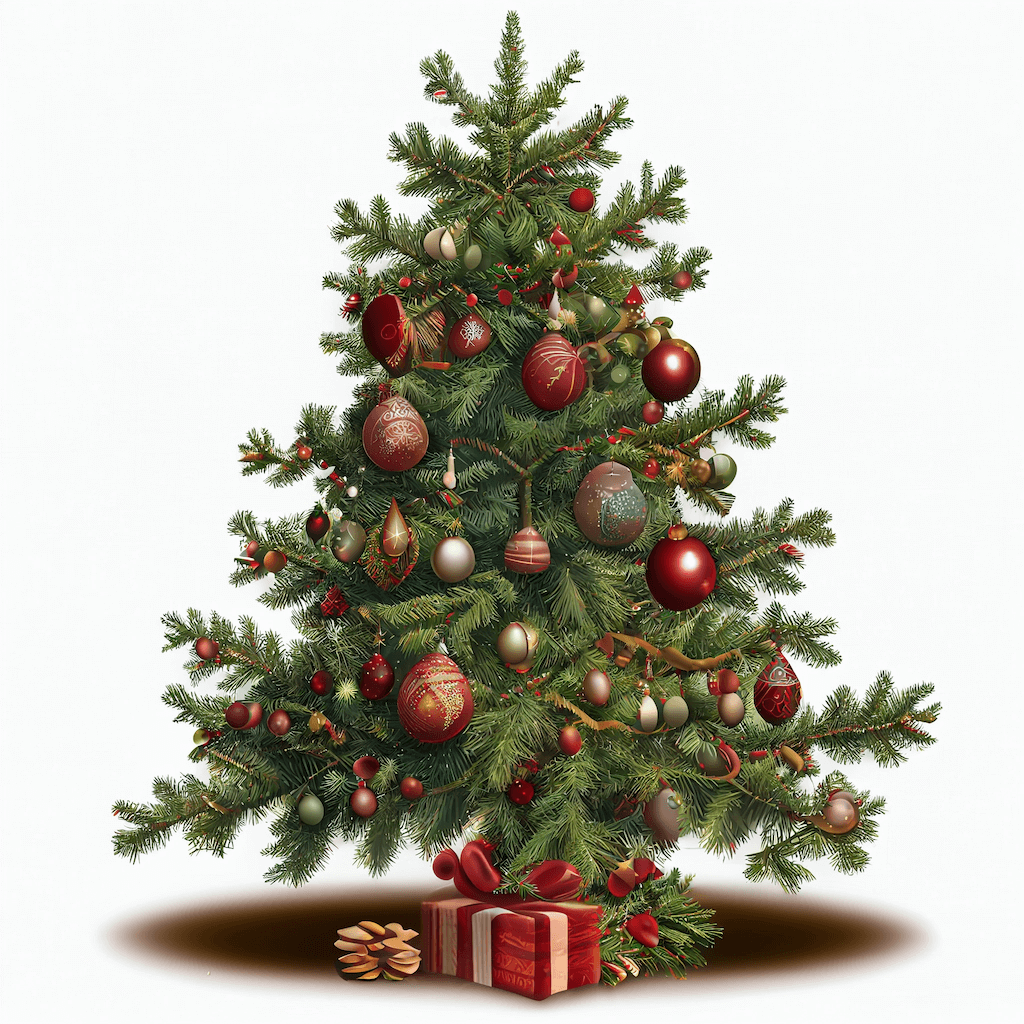 Drawing of a christmas tree with presents under it.