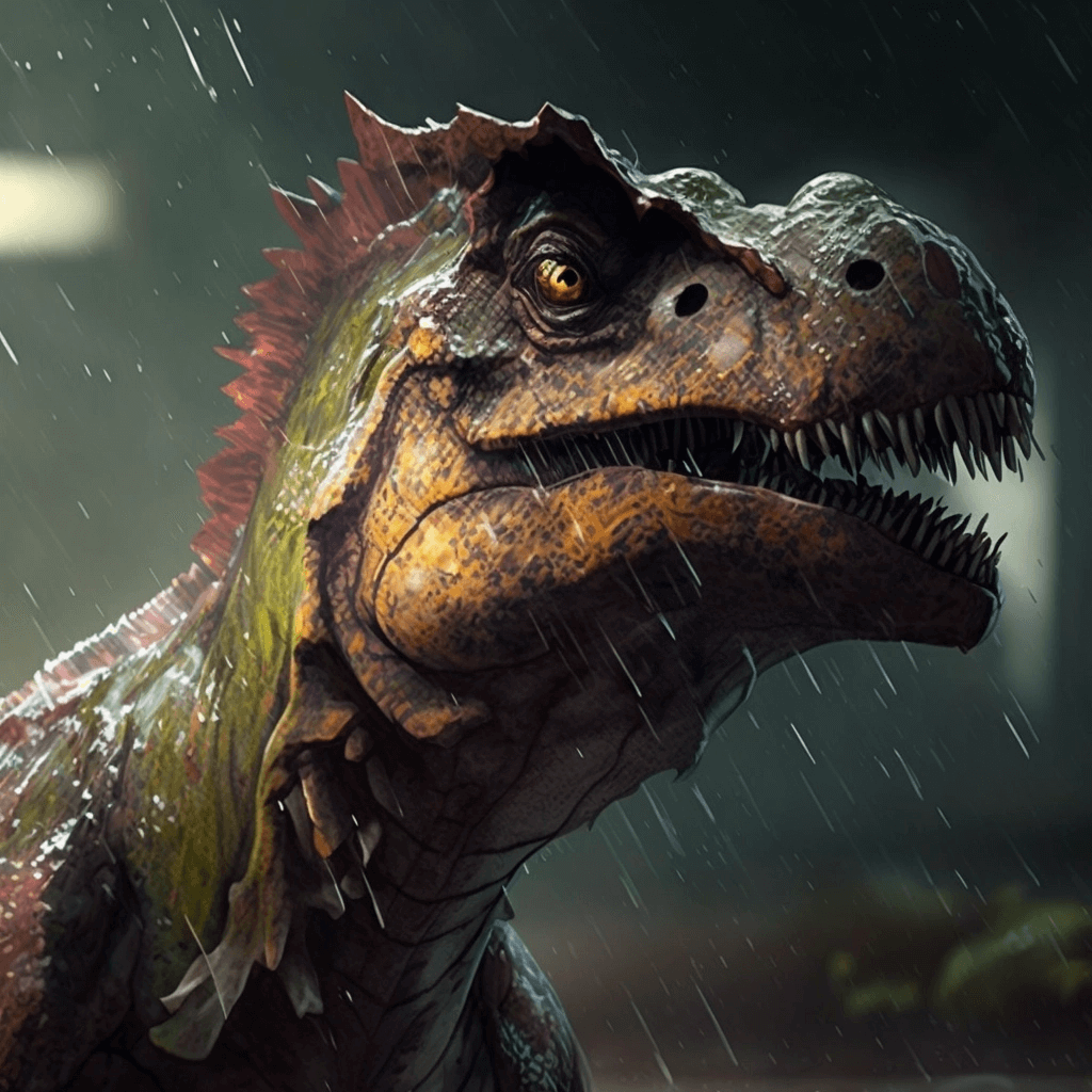 Close up of a dinosaur in the rain.