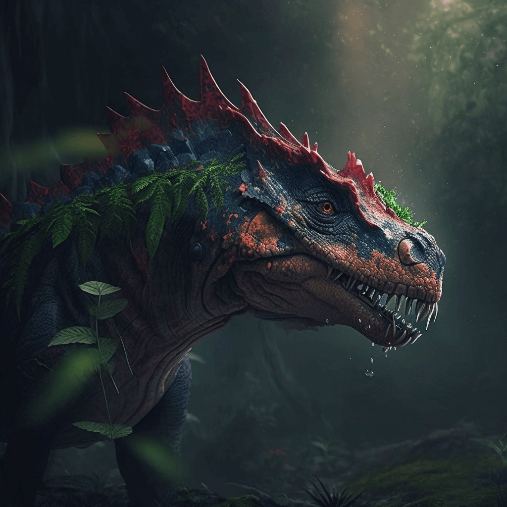 Close up of a dinosaur in a forest.