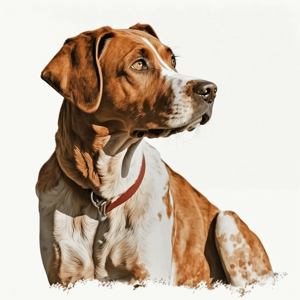 Brown and white dog with a red collar.