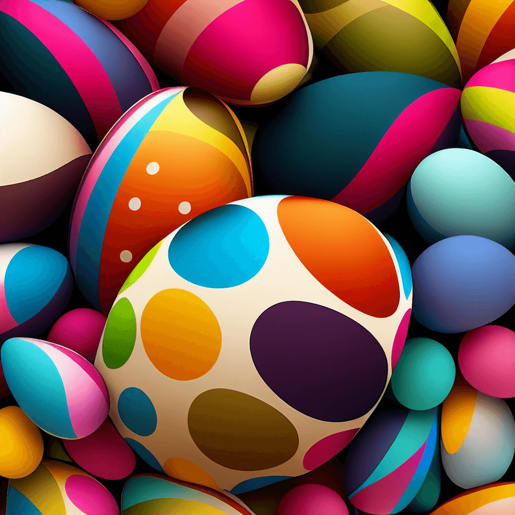 Pile of colorfully painted eggs sitting on top of each other.