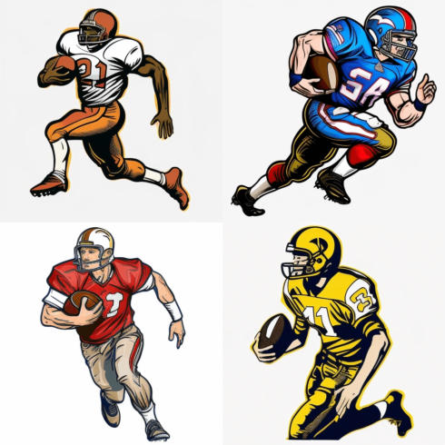 Group of four different colored football players.