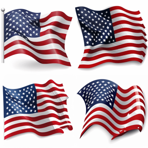 Set of three american flags flying in the wind.
