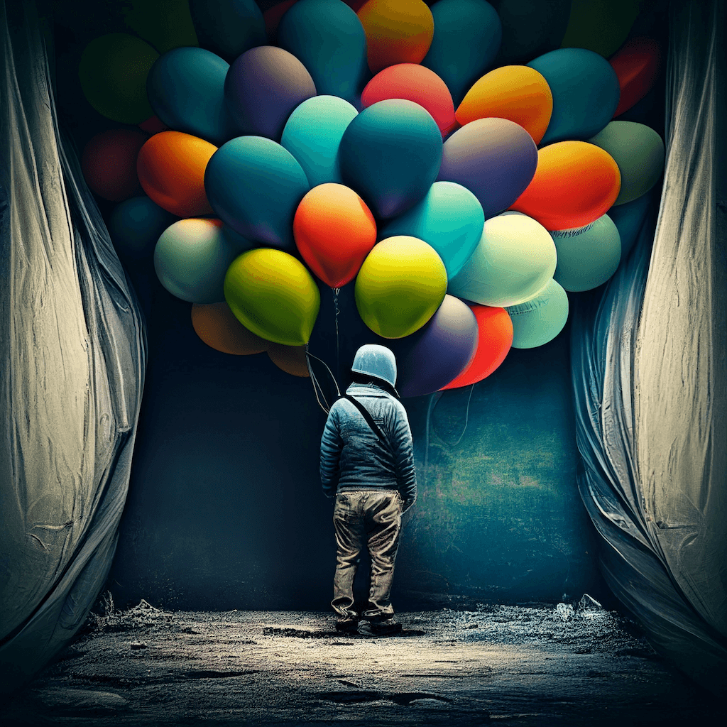 Man standing in front of a bunch of balloons.