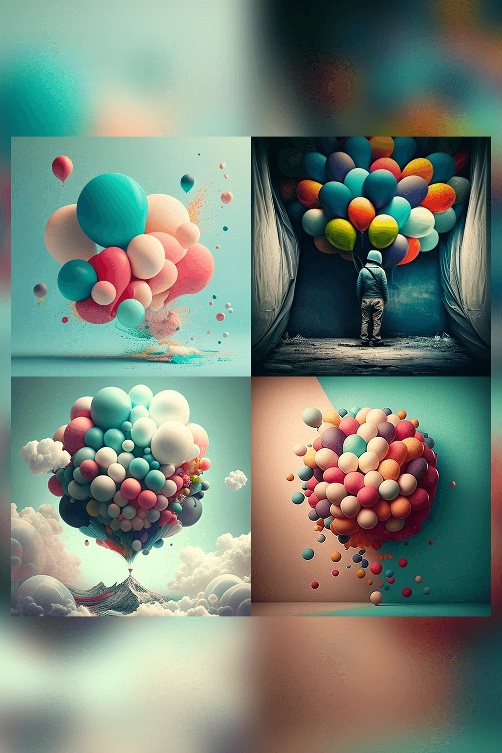 Series of photoshopped images of balloons floating in the air.