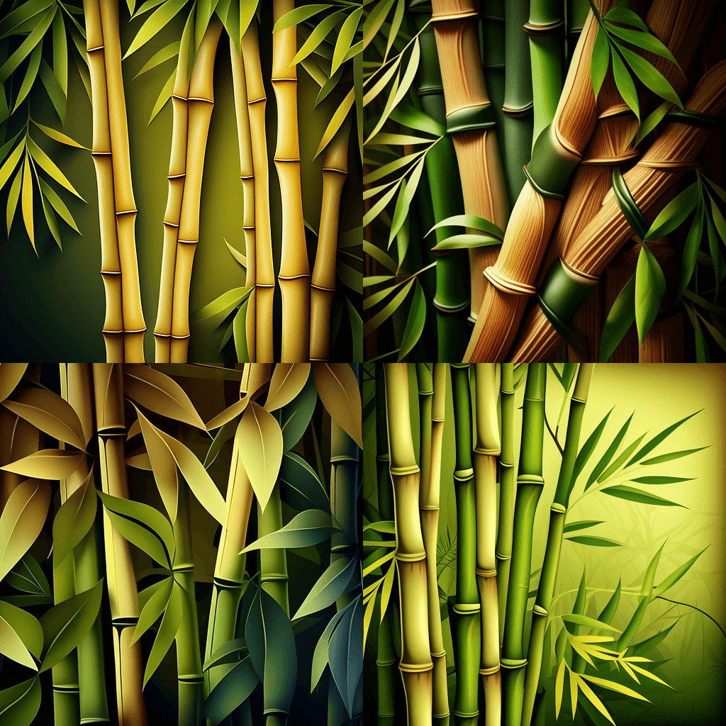 Group of bamboo trees with green leaves.