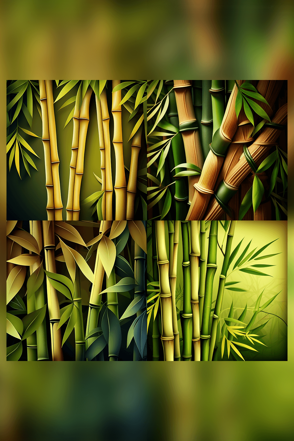 Painting of a bamboo tree with lots of leaves.