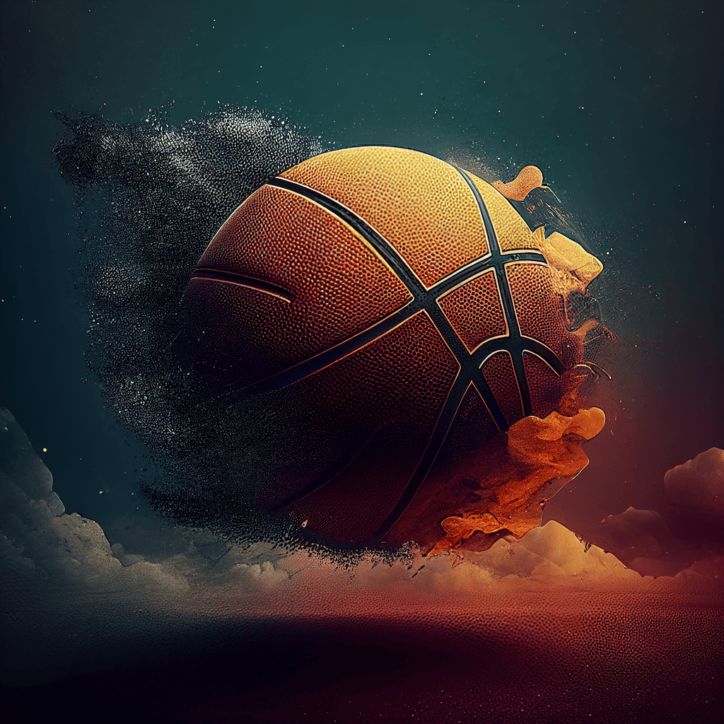 Basketball flying through the air with clouds around it.