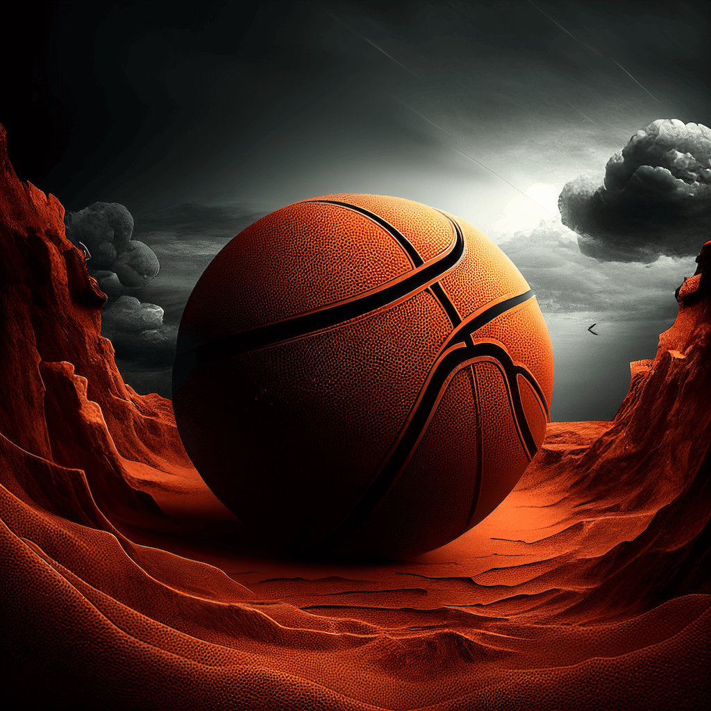 Basketball sitting in the middle of a desert.