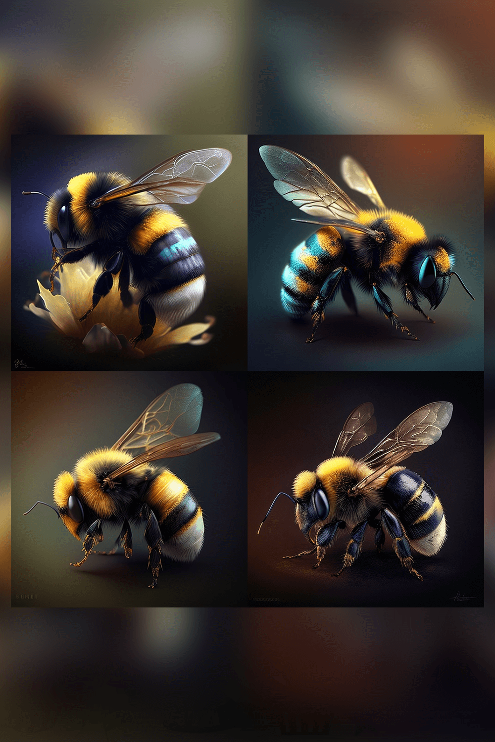 Bunch of pictures of bees on a black background.