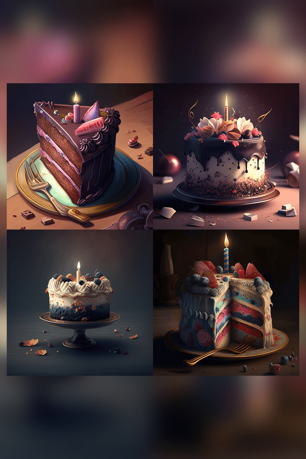 Series of photos showing different types of cakes.