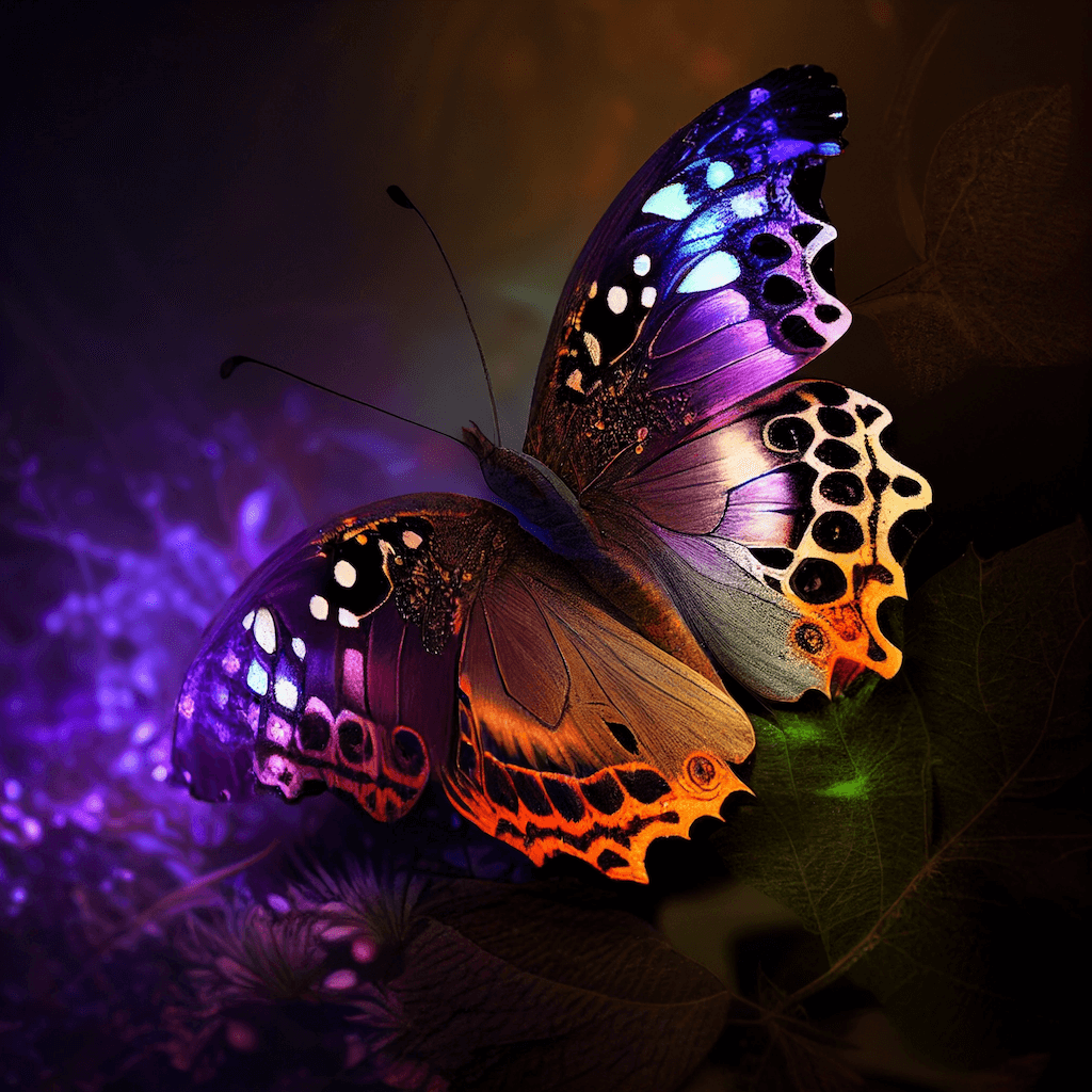 Purple butterfly sitting on top of a leaf.