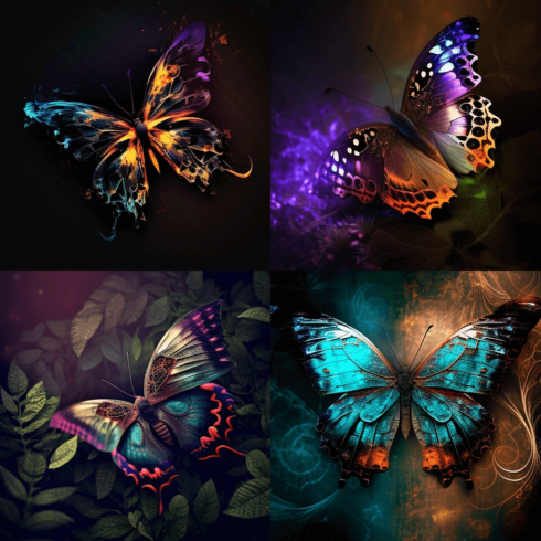 Group of four butterflies with different colors.