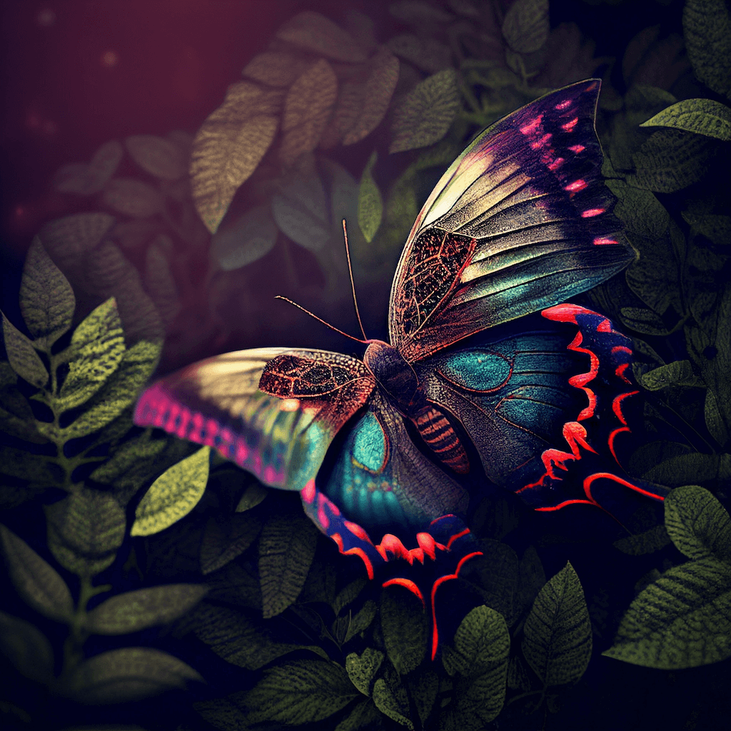 Colorful butterfly sitting on top of a lush green leaf filled forest.