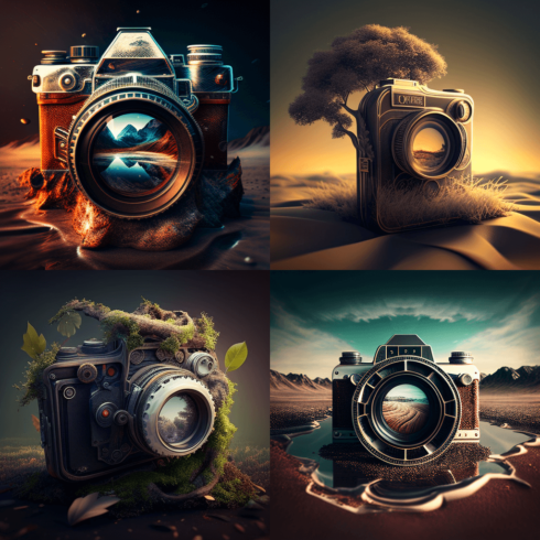 Series of photoshopped images of a camera.
