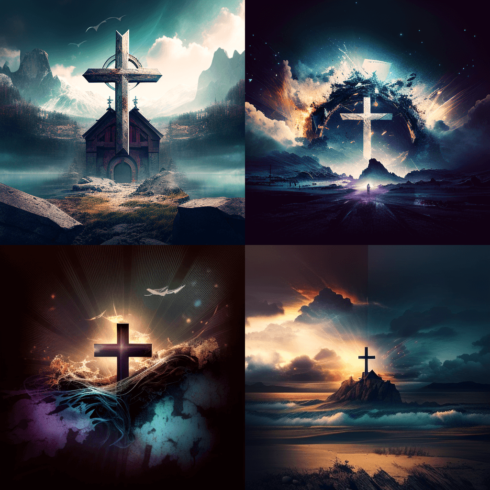 Series of photoshopped images of a cross in the sky.