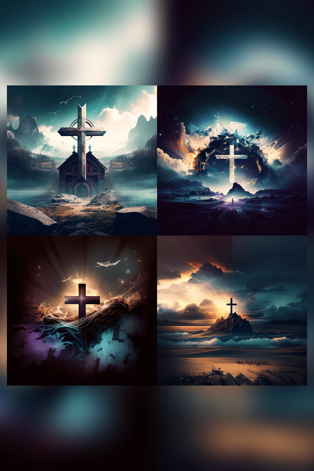 Series of photoshopped images of a cross in the sky.