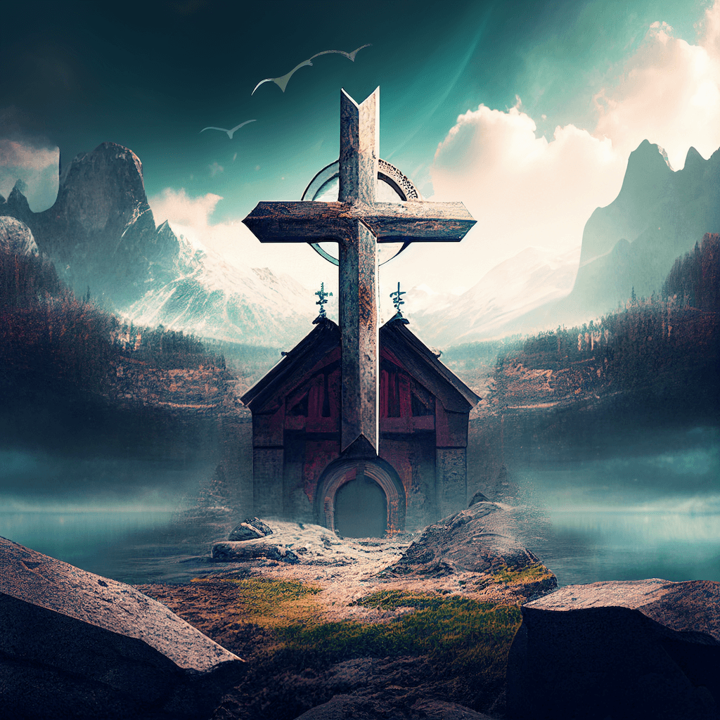 Cross on top of a church surrounded by mountains.