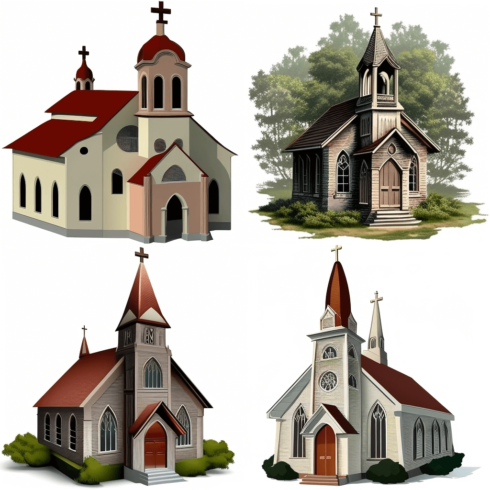 Set of four different types of churches.