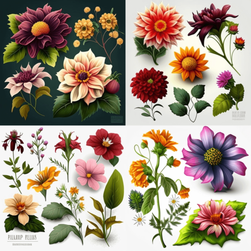 Bunch of different types of flowers on a white background.