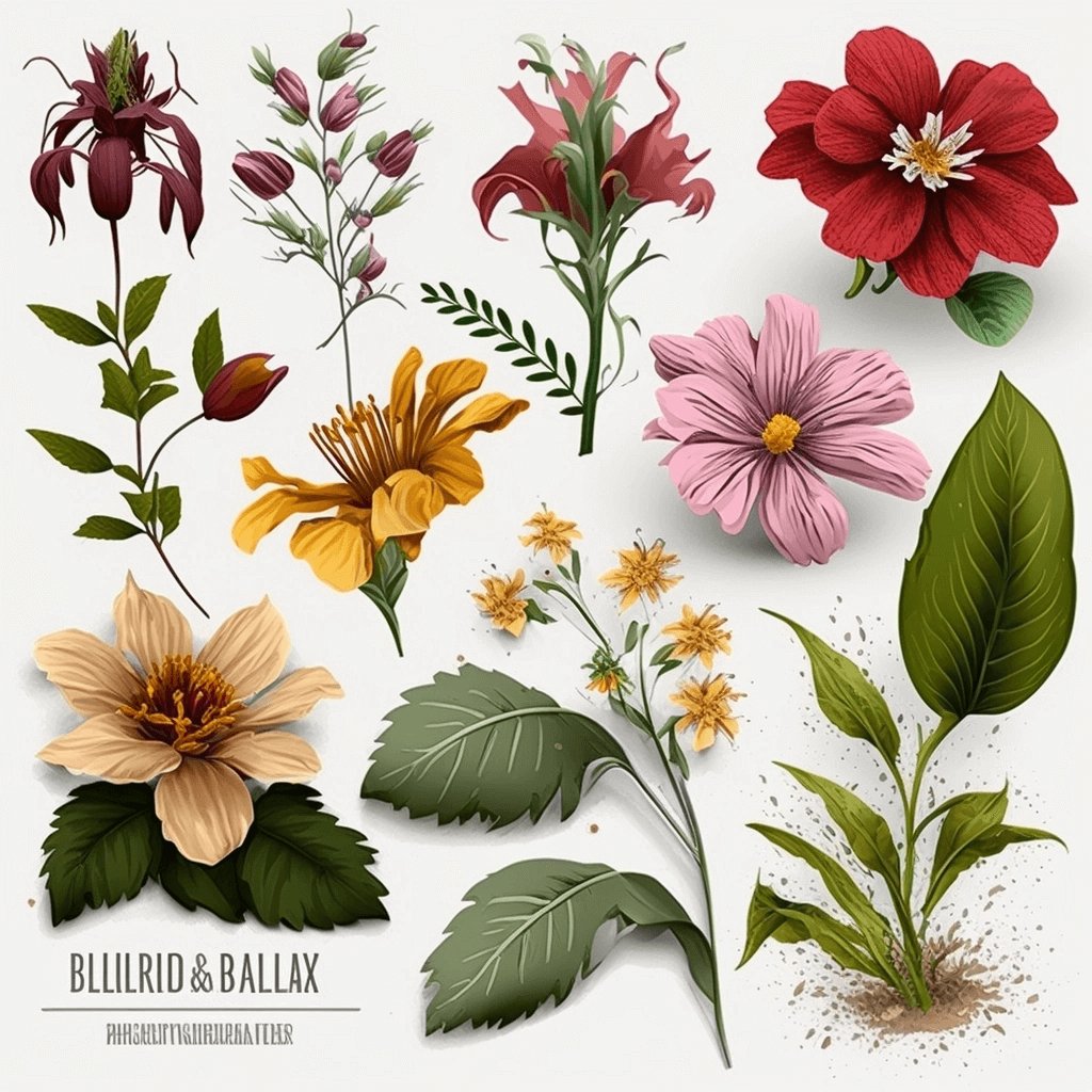 Bunch of different types of flowers on a white background.