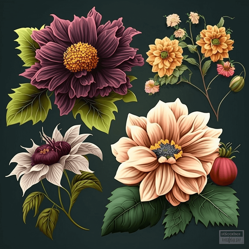 Bunch of flowers that are on a black background.
