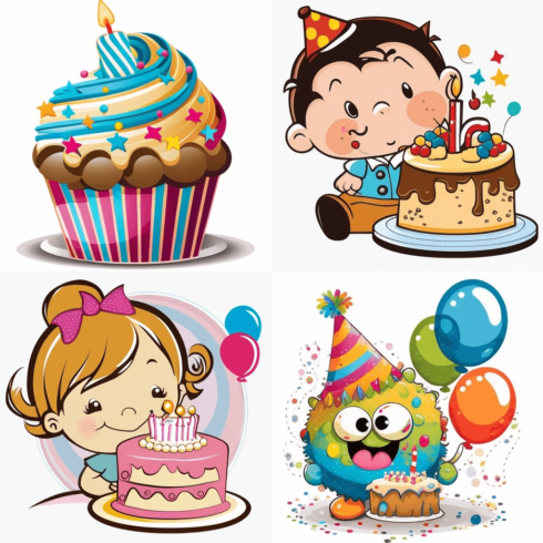 Set of four cartoon birthday images.