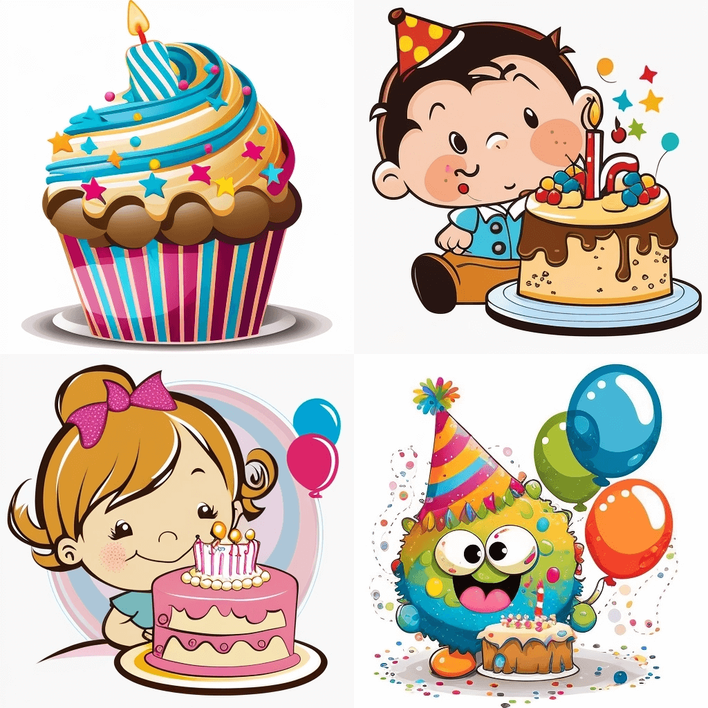 Set of four cartoon birthday images.