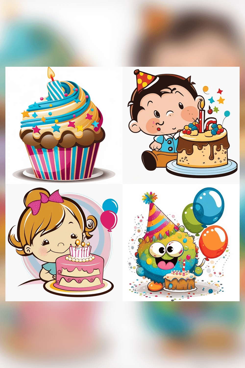 Set of four birthday cards with cartoon characters.