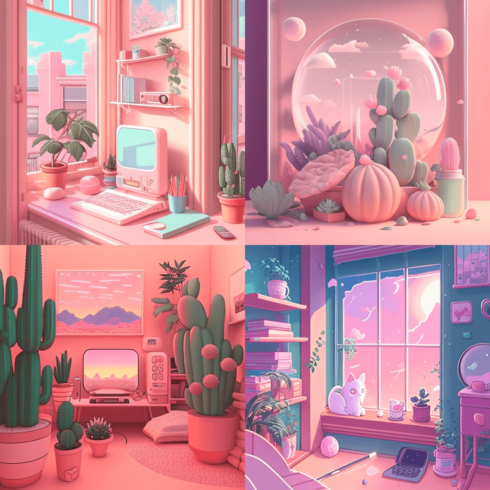 Pink room with cactus plants and a computer.