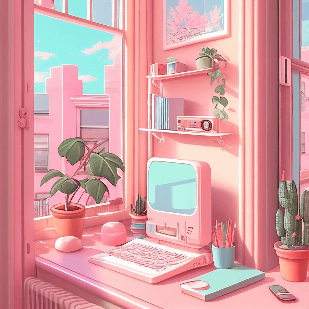 Pink room with a laptop and a potted plant.