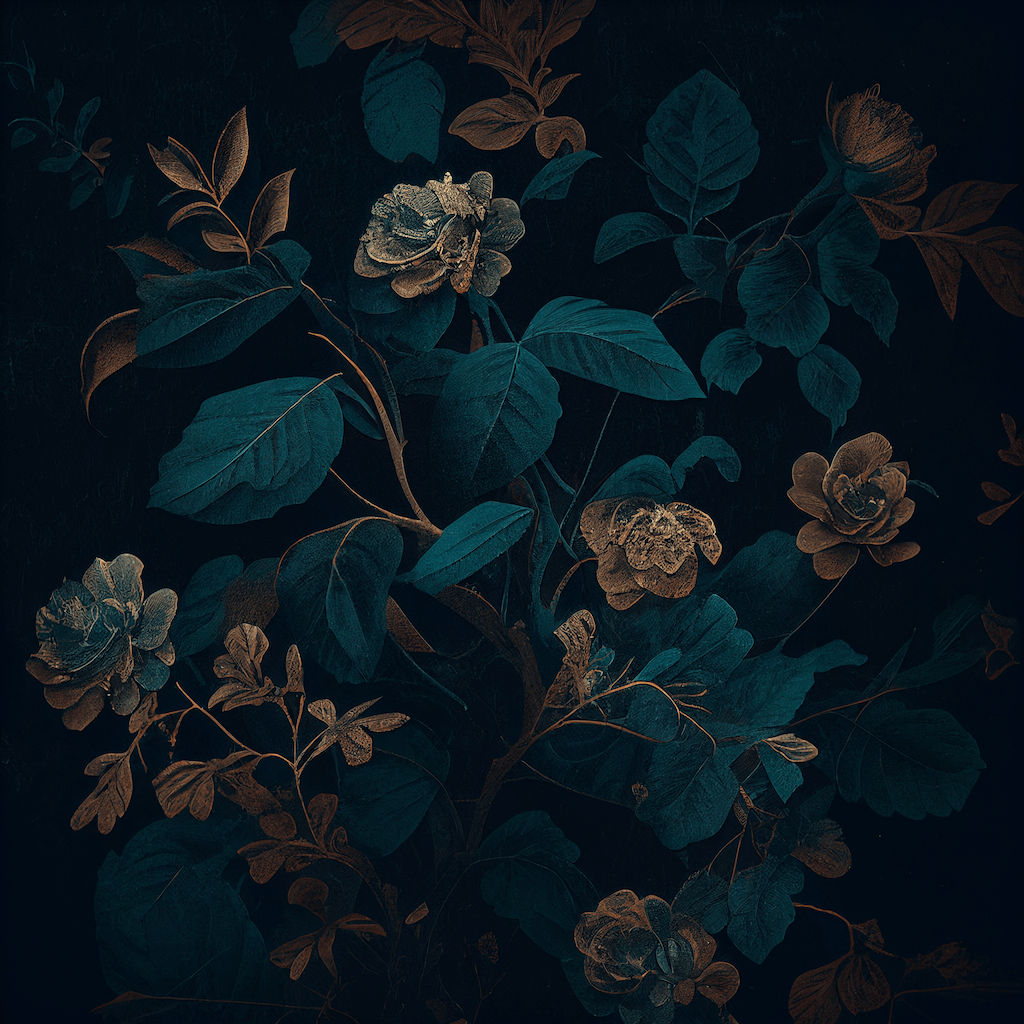 Painting of a bunch of flowers on a black background.