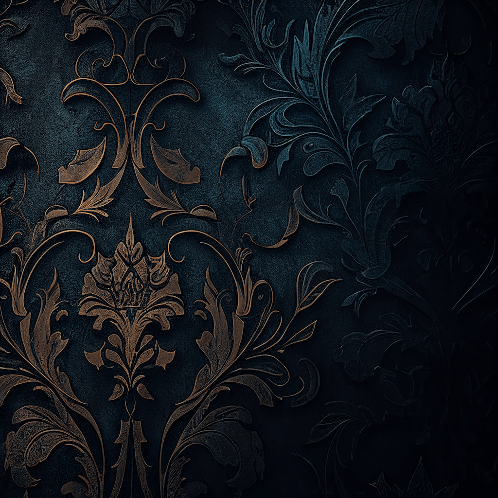 Black and gold wallpaper with a floral design.